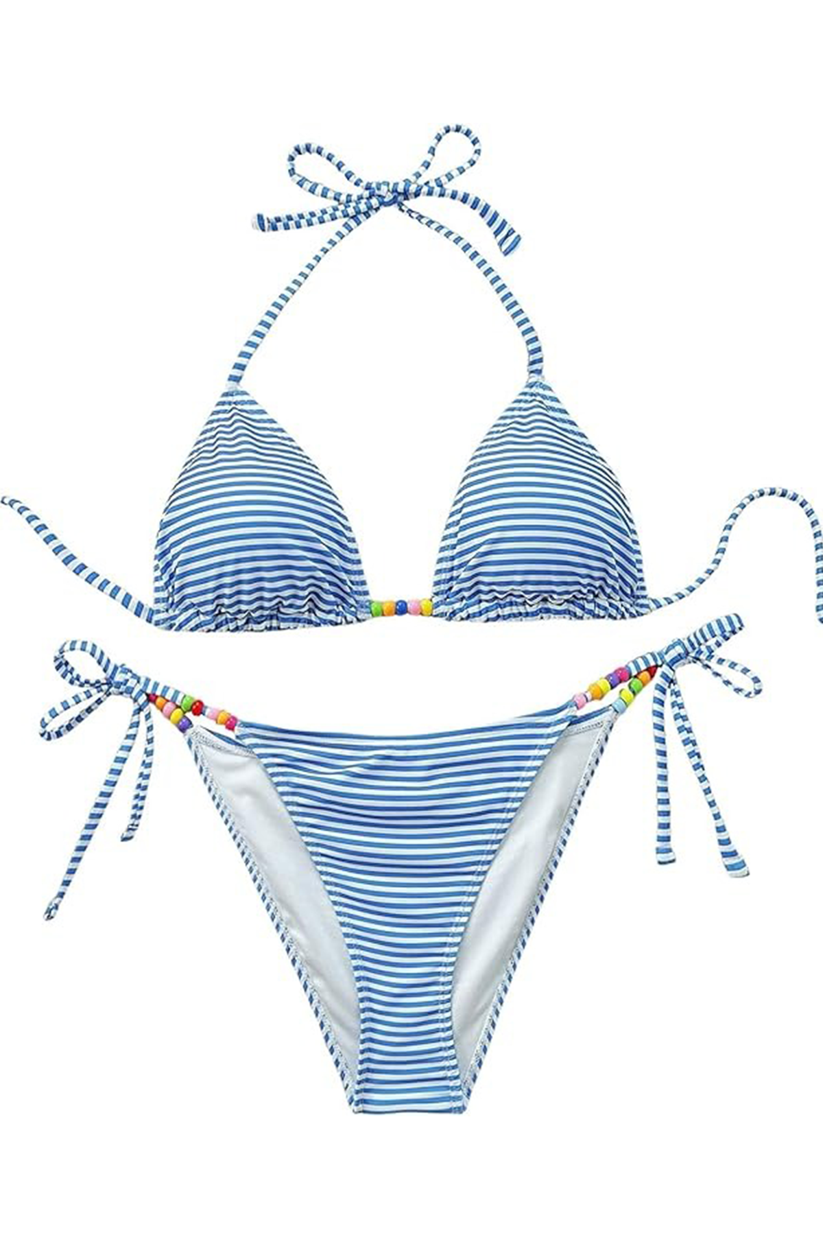 Oyoangle Women's Striped Triangle Bikini Set 2 Piece Beaded Halter String Swimsuits Tie Side Swimwear Blue Large