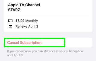 The Cancel subscription button is highlighted in the seventh step of canceling a subscription on an iPhone