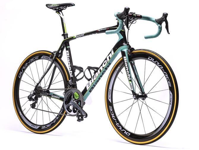 The Belkin team issue Bianchi Infinito CV is black and celeste
