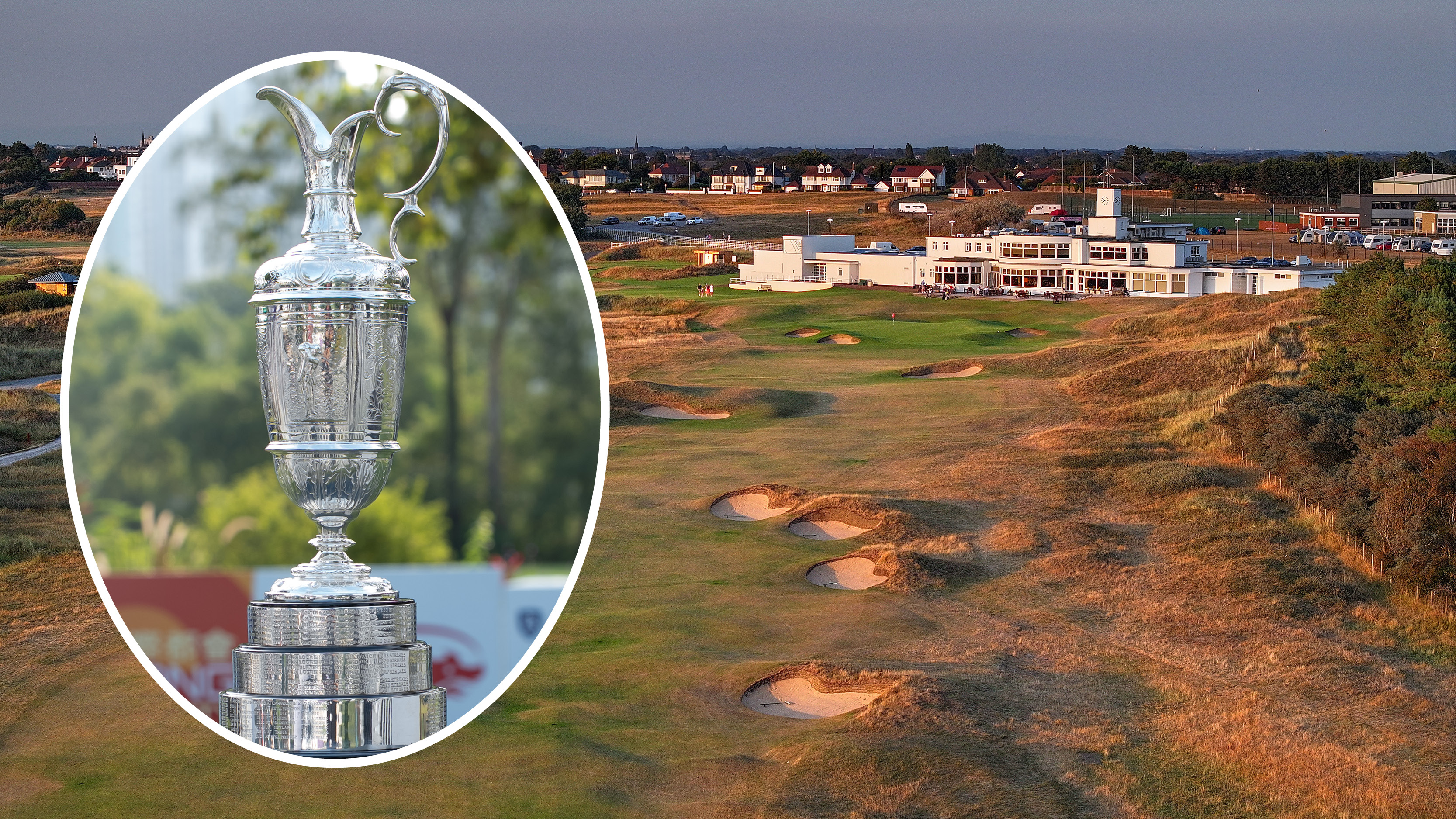 Main image of Royal Birkdale's 18th hole and an inset image of the Claret Jug (left)