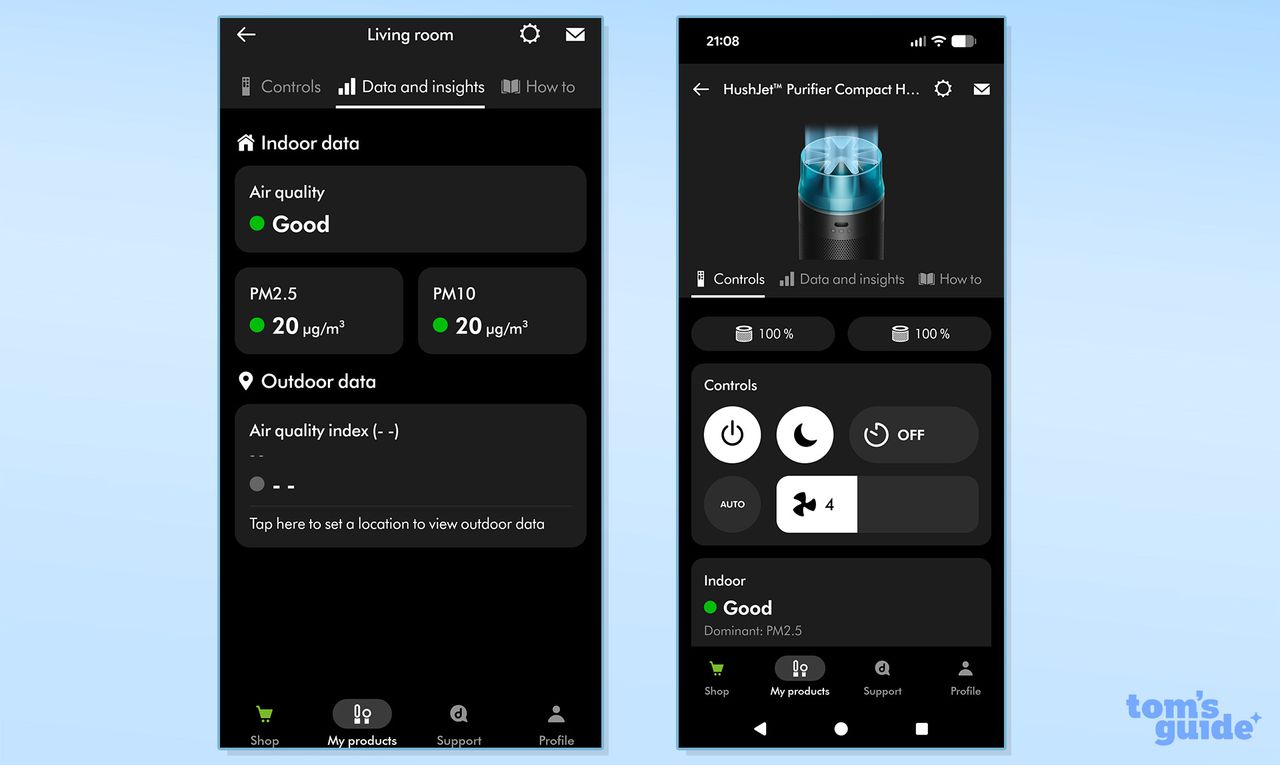 Dyson Hushjet air purifier app screenshots