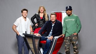 (l to r): Niall Horan, Kelly Clarkson, Blake Shelton, Chance the Rapper as the coaches in The Voice season 23