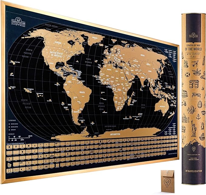 A black and gold foil Travelization world map that lets people scratch off the places they have visited