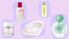 Perfumes for under $80: perfumes from Glossier, Ariana Grande, Ouai, Amazon, Armani in a purple template