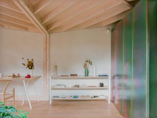 timber ceilinged interior of The Drawing Shed by ByOthers Architects