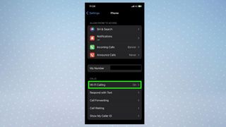 Screenshot of the Phone Settings menu, with 'Wifi Calling on' highlighted. 