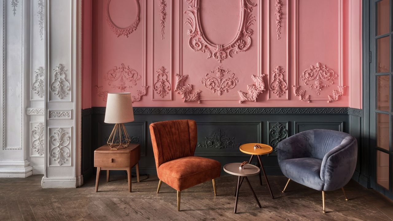 A pink, green and white living room