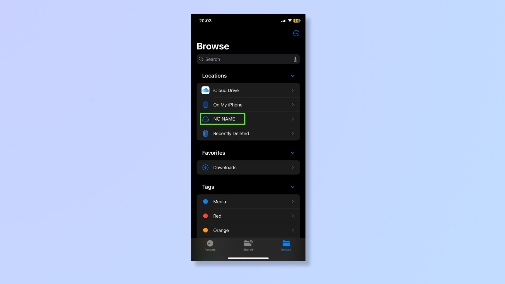Снимок экрана на iPhone, показывающий приложение «Файлы». 