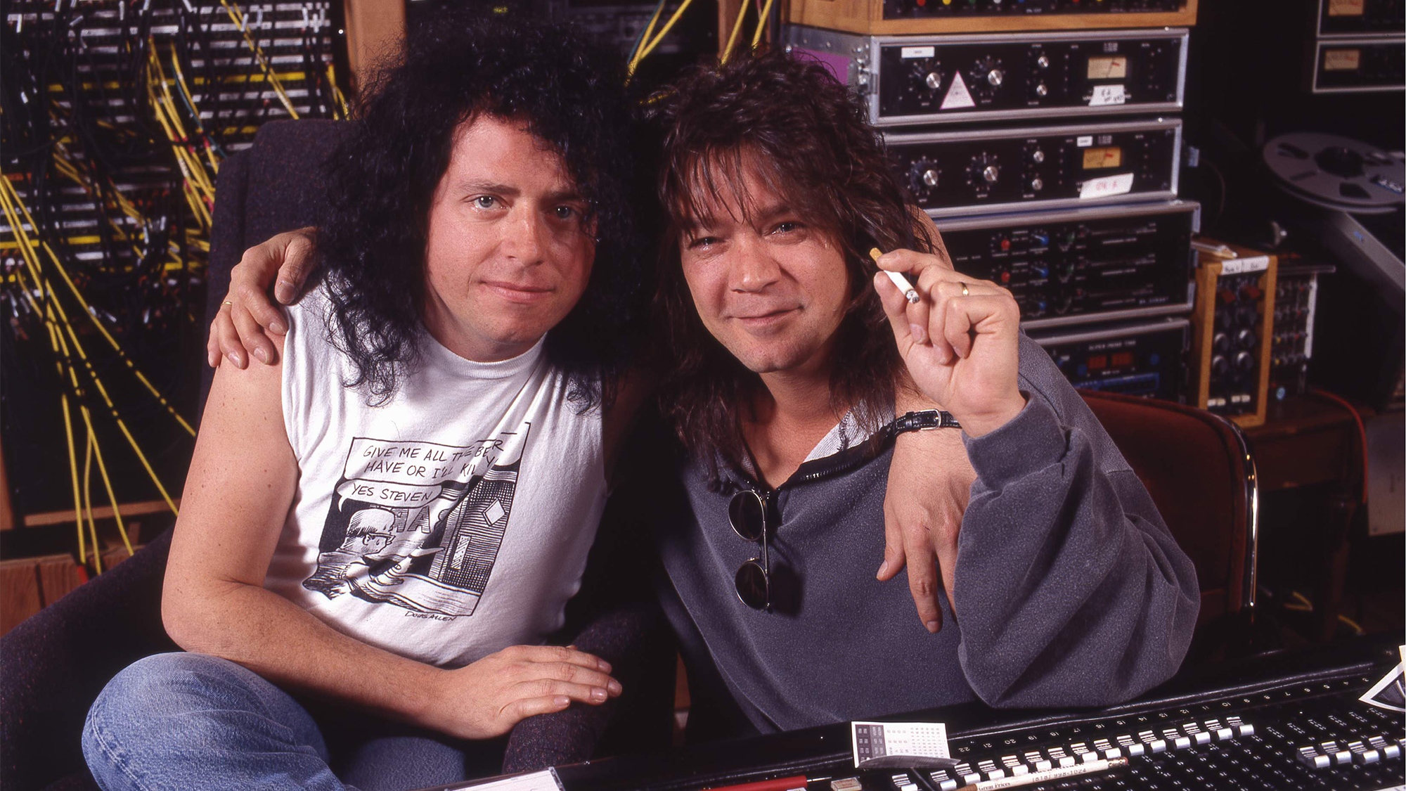 Steve Lukather and Eddie Van Halen pose in the studio in 1995