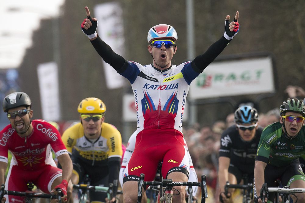Alexander Kristoff celebrates as he crosses the finish line at the end of the first stage of Paris-Nice.