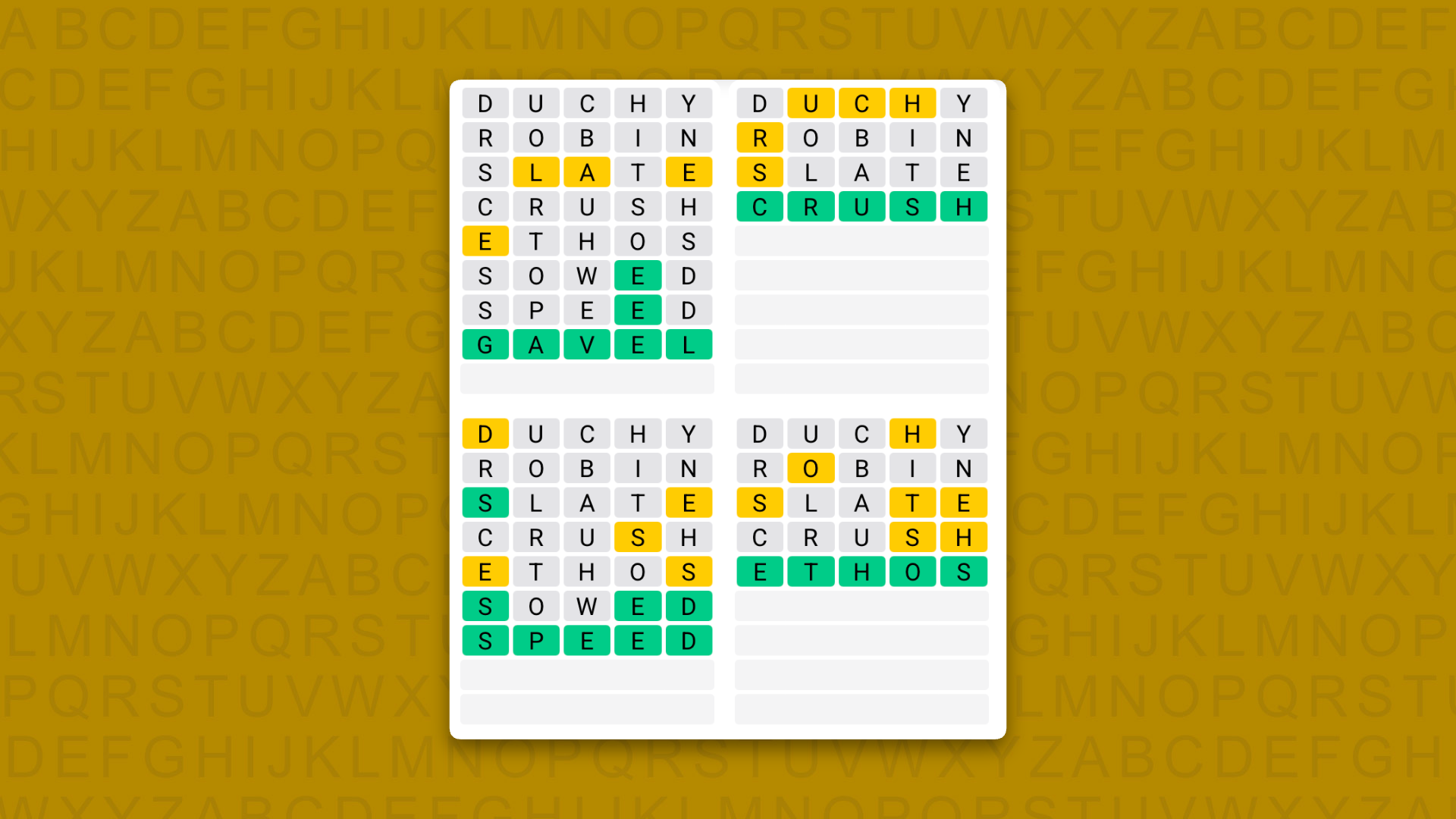 Quordle answers for game 1659 on a yellow background