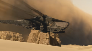 An ornithopter flies away from an Arrakis sandstorm in Microsoft Flight Sim.