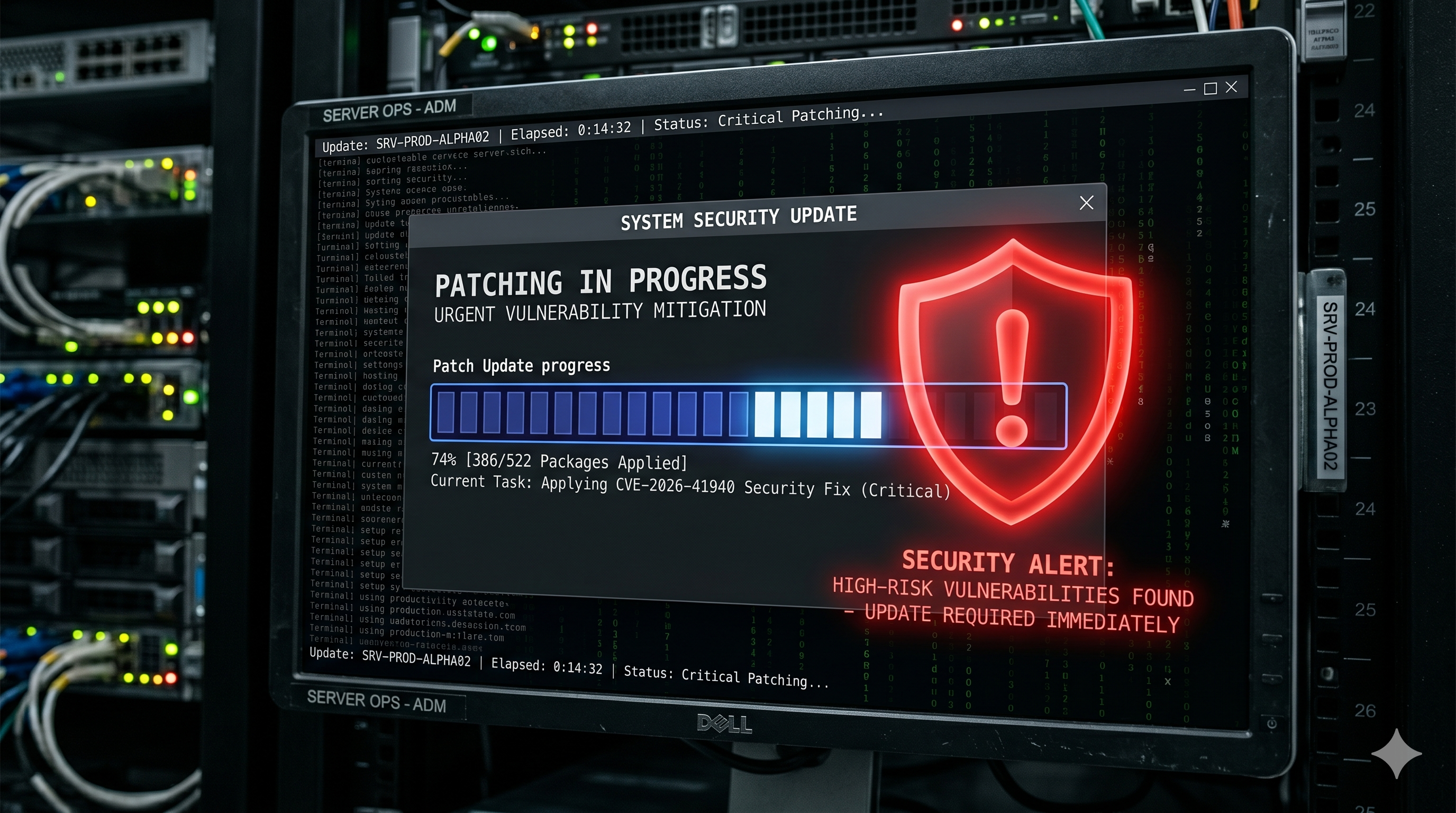 An image showing the administrator panel of a server rack that is urgently applying a patch to a critical vulnerability.