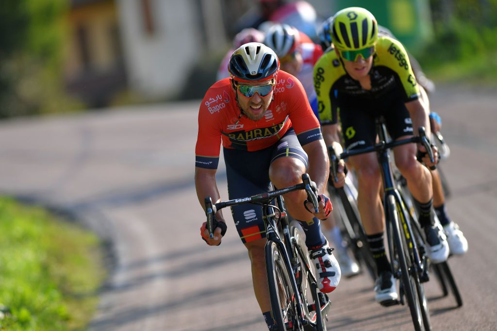 Colbrelli drives the late break ahead of Jack Haig (Mitchelton-Scott)