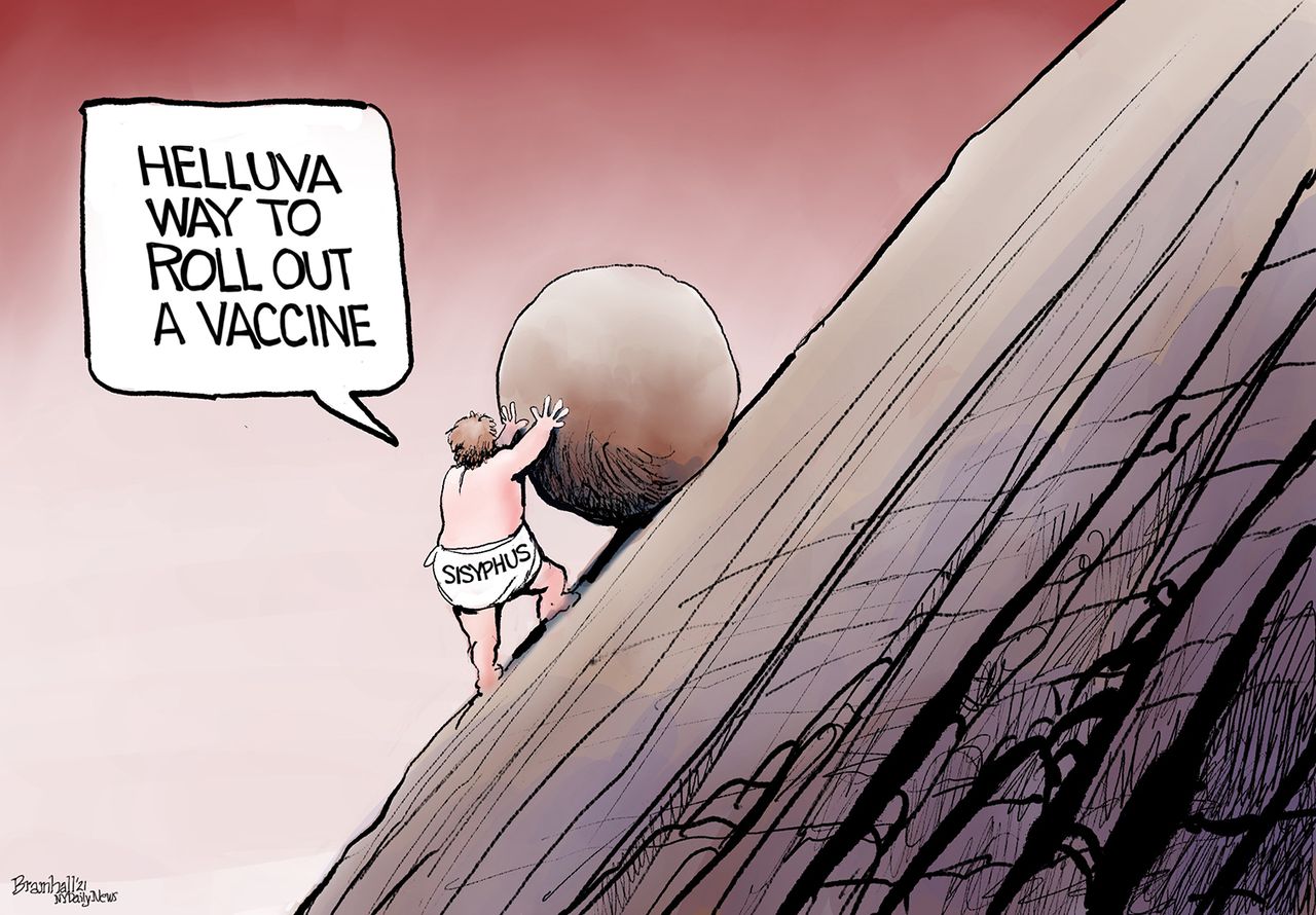 Editorial Cartoon U.S. COVID vaccine Sisyphus