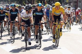 Bernhard Eisel sandwiched between Sky teammates Mark Cavendish and Bradley Wiggins at the 2012 Tour de France