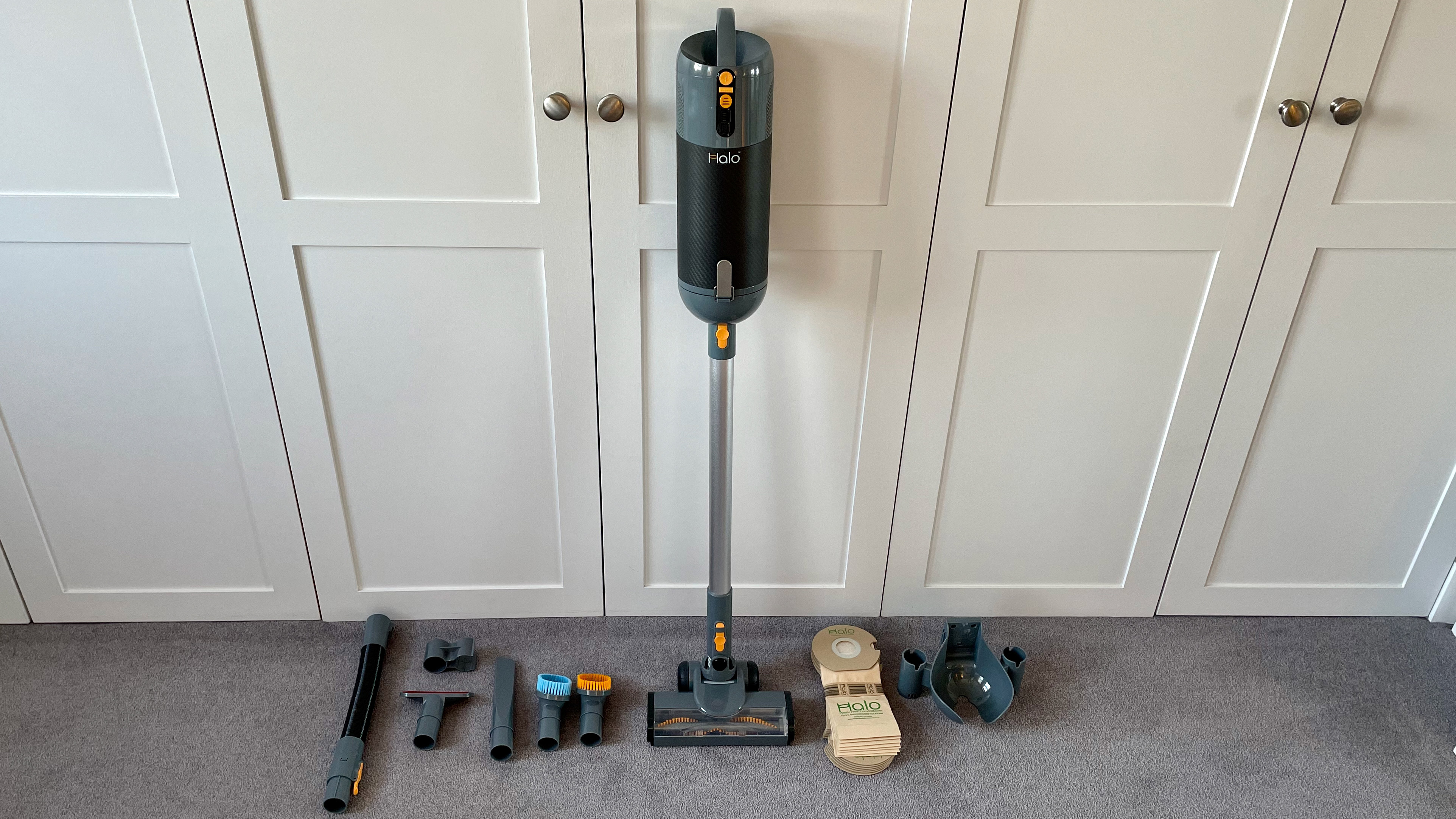 The Halo Capsule leaning against a cupboard with all its accessories