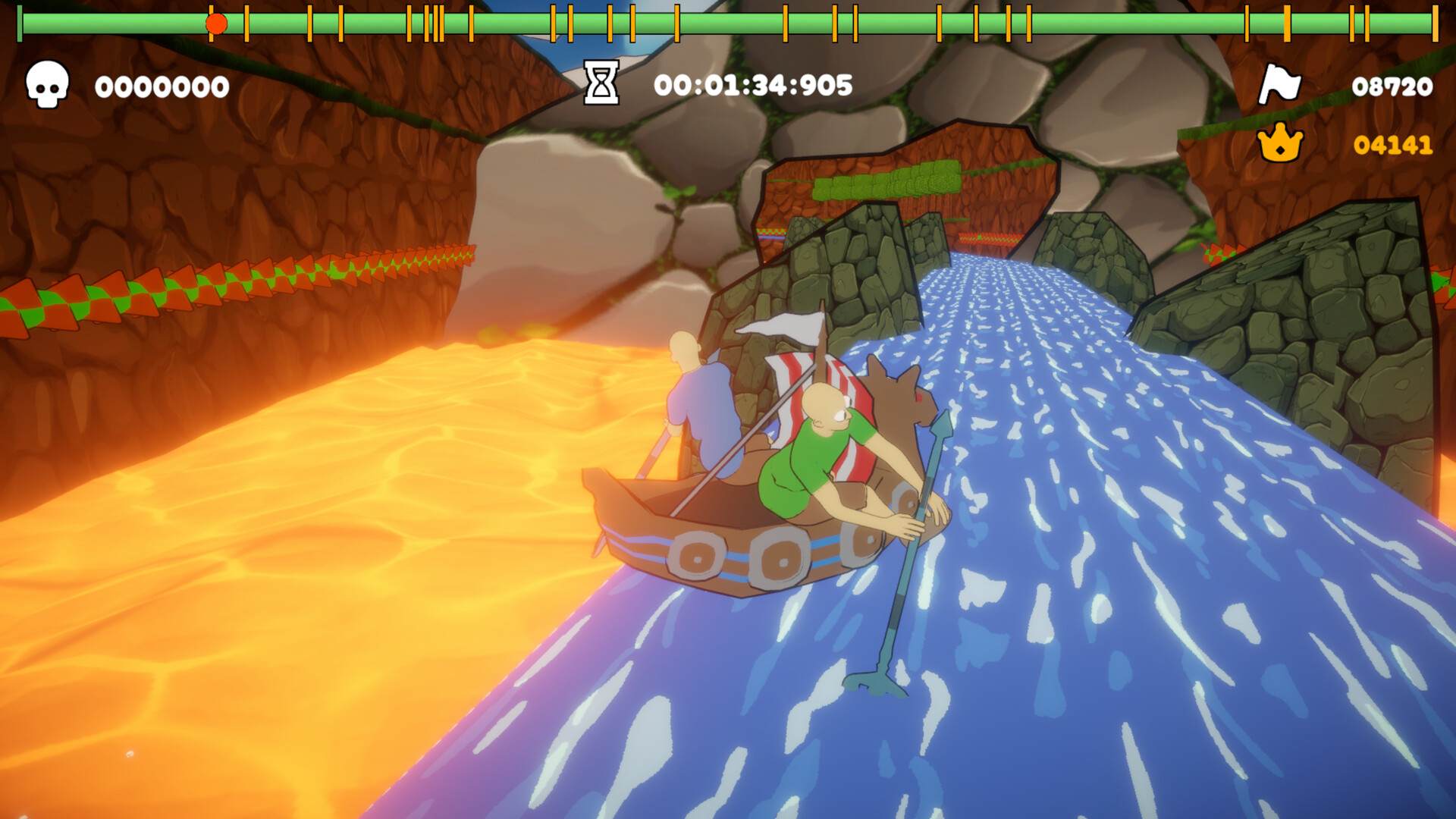 Two players paddle a Viking-style boat through a split river of water and lava in Paddle Paddle Paddle, avoiding obstacles in a challenging co-op level.