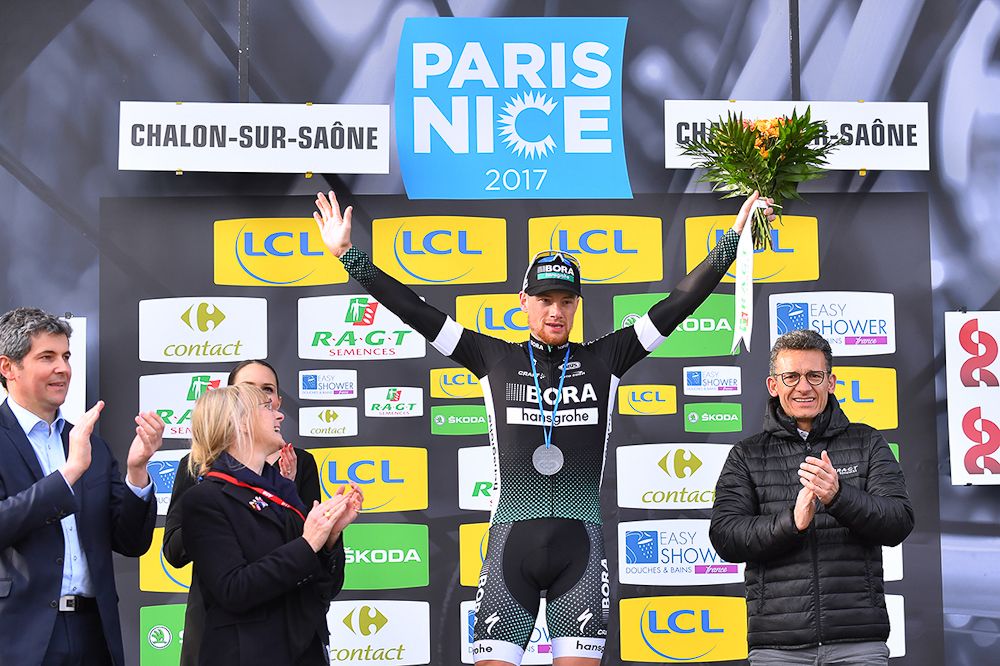 Sam Bennett on the stage 3 podium at Paris-Nice