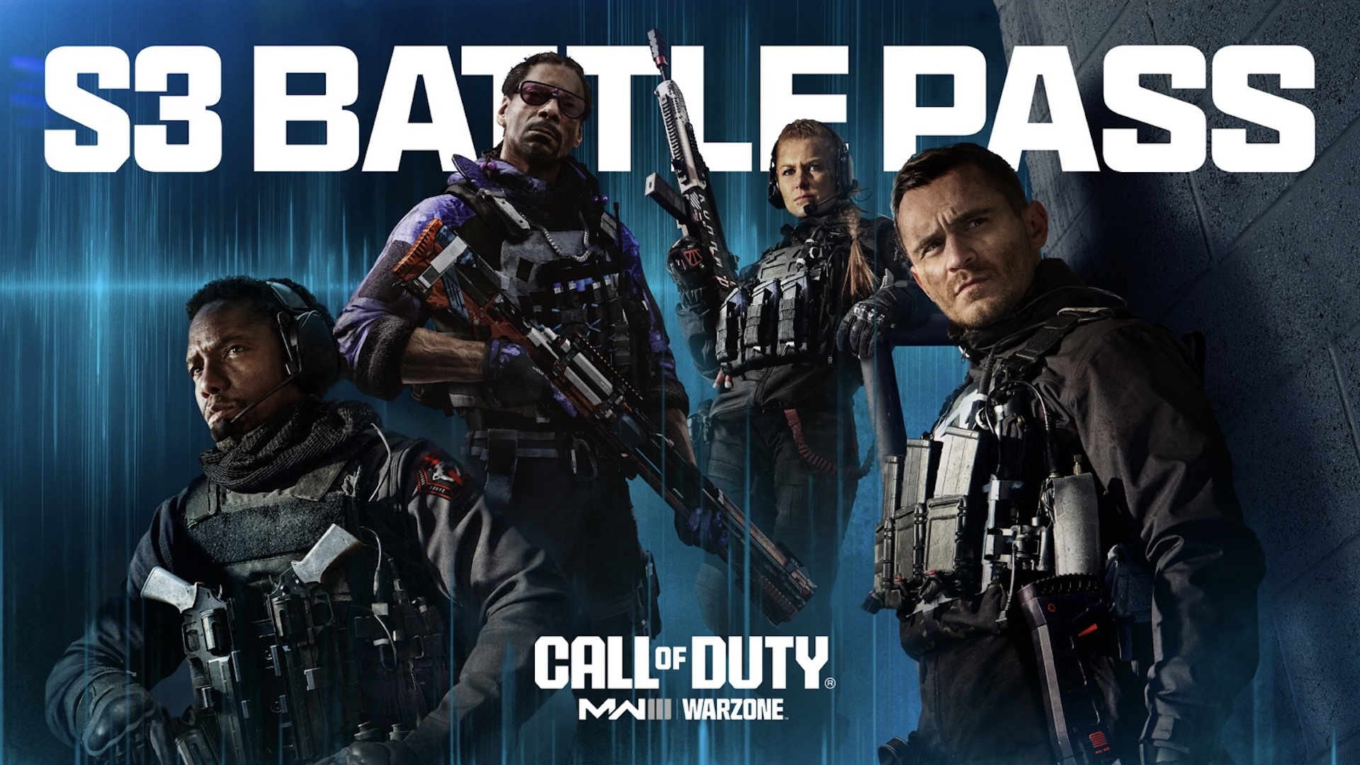 Call of Duty Operators stand against a blue background. 'S3 Battle Pass' is written in white lettering above them.