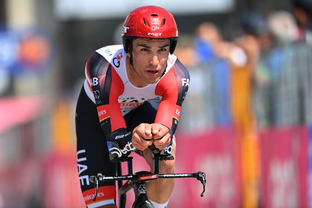 MILAN ITALY MAY 30 Valerio Conti of Italy and UAE Team Emirates at arrival during the 104th Giro dItalia 2021 Stage 21 a 303km Individual Time Trial stage from Senago to Milano ITT UCIworldtour girodiitalia Giro on May 30 2021 in Milan Italy Photo by Stuart FranklinGetty Images