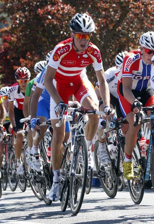 Chris Anker S&oslash;rensen (Denmark) rides in the peloton on the tough climb.