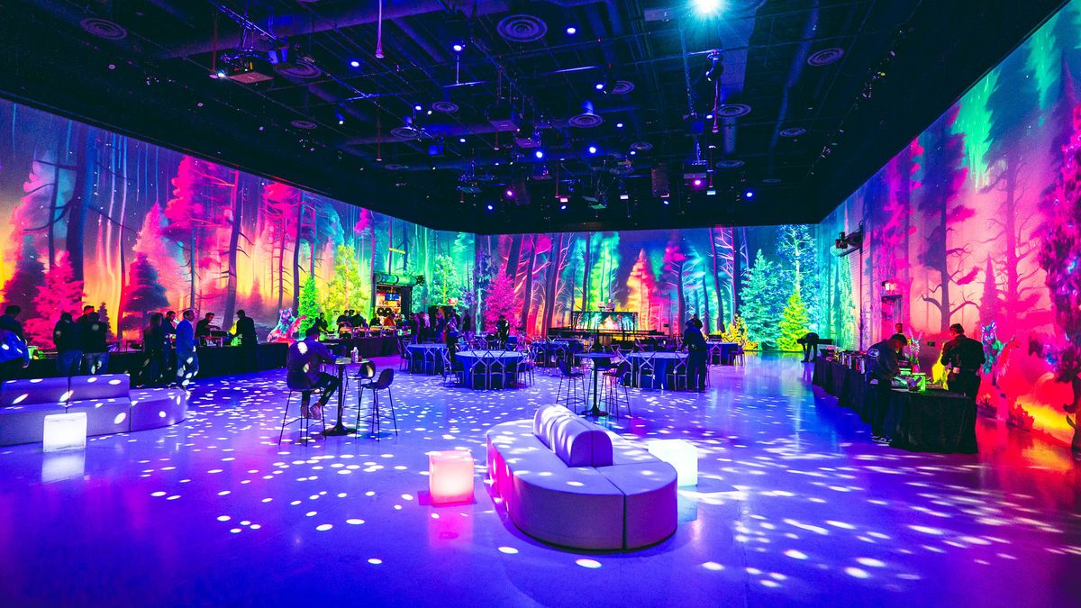 Area 15 in Las Vegas lit up in a rainbow of colors in its immersive venue. 