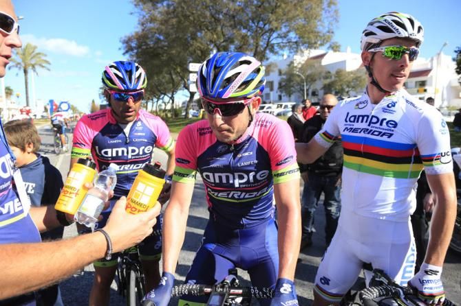 Stage 1 winner Sacha Modolo with his Lampre-Merida teammates