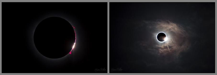 A two-paneled image. On the left, a large, central black disc in a black scape is circled in a faint white light, accented with tiny, fiery pink prominences jetting from the edge. On the right, totality like a downward facing diamond ring, bordered by wisps of clouds.