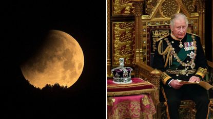 The moon is seen during a penumbral lunar eclipse in Skopje, on May 16, 2022 AND Prince Charles, Prince of Wales reads the Queen's speech next to her Imperial State Crown in the House of Lords Chamber, during the State Opening of Parliament in the House of Lords at the Palace of Westminster on May 10, 2022 in London, England. The State Opening of Parliament formally marks the beginning of the new session of Parliament. It includes Queen's Speech, prepared for her to read from the throne, by her government outlining its plans for new laws being brought forward in the coming parliamentary year. This year the speech will be read by the Prince of Wales as HM The Queen will miss the event due to ongoing mobility issues. 