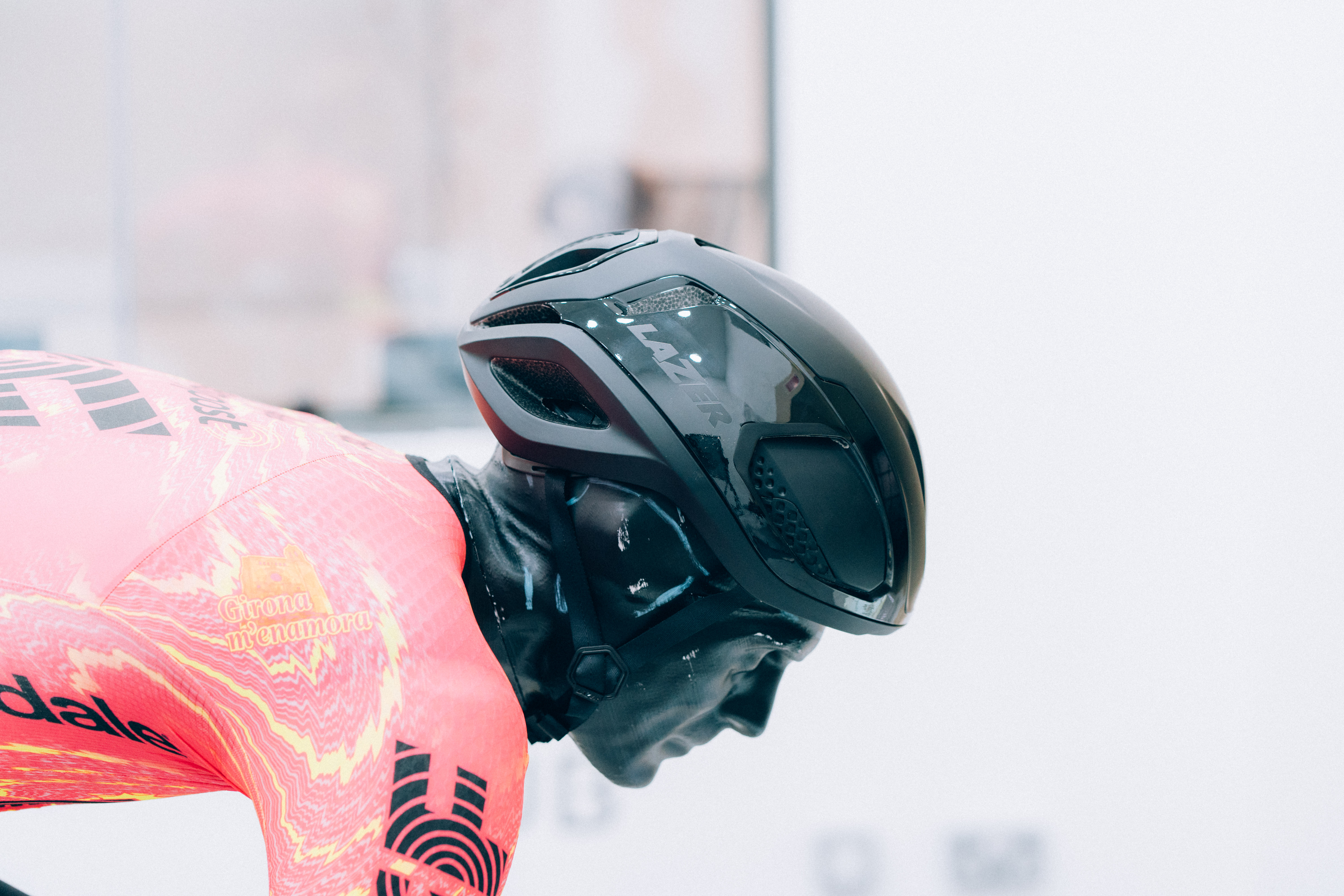 A close up of helmets being tested in the wind tunnel