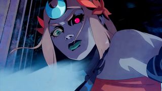 Melinoe looks down from above, here eyes set in a scowl