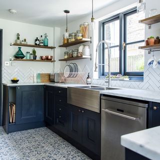 kitchen with dark blue cabinet and wooden shelf