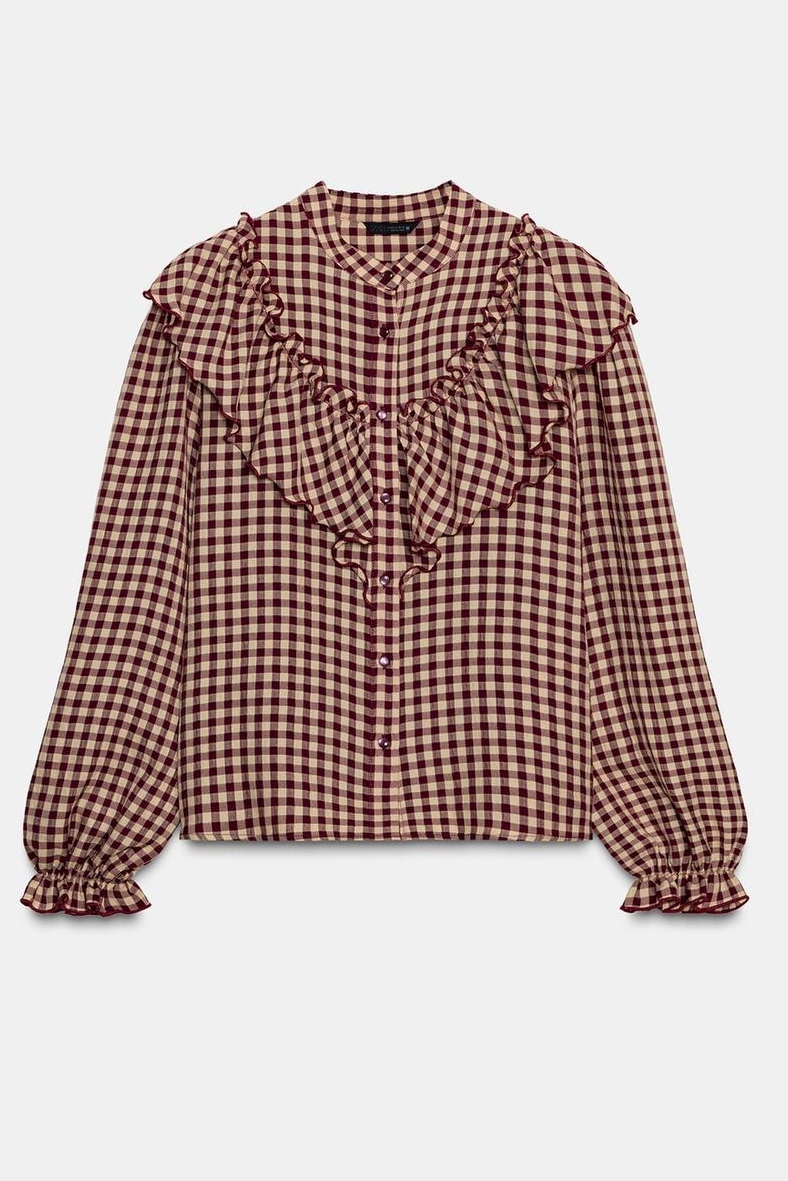 ZARA, Gingham Ruffle Blouse