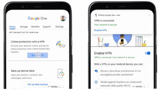 Google One VPN-skærmbilleder, der viser knappen Enable og meddelelsen Connected.