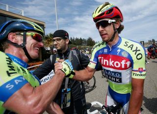 Jay McCarthy and Peter Sagan after the win for Tinkoff-Saxo