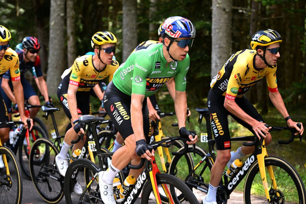 CHASTREIXSANCY FRANCE JUNE 07 LR Wout Van Aert of Belgium Green Points Jersey and Chris Harper of Australia and Team Jumbo Visma compete during the 74th Criterium du Dauphine 2022 Stage 3 a 169km stage from SaintPaulien to ChastreixSancy 1391m WorldTour Dauphin on June 07 2022 in ChastreixSancy France Photo by Dario BelingheriGetty Images