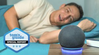 Man laying down talking to Alexa