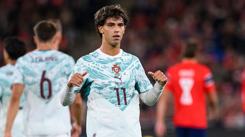  Jo&atilde;o F&eacute;lix of Portugal celebrates his goal with his teammates during the UEFA Nations League 2026/27 group phase match between Norway and Portugal at Ullevaal Stadion.