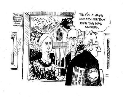 Political cartoon U.S. trade war tariff museum security American Gothic