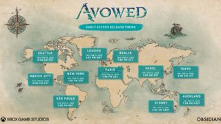 Avowed advance access launch times global map showing local time zones all correlated to 10 am Pacific time on Thursday, February 13