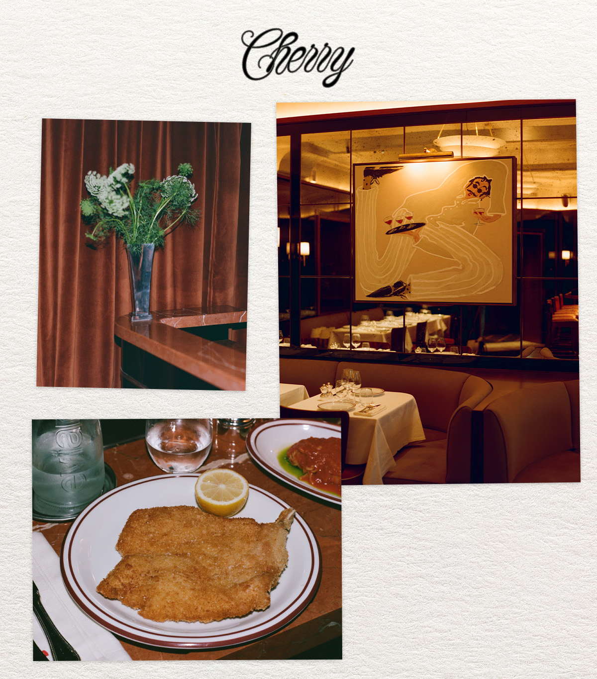Collage of food and decor in Cherry restaurant in Paris, France.