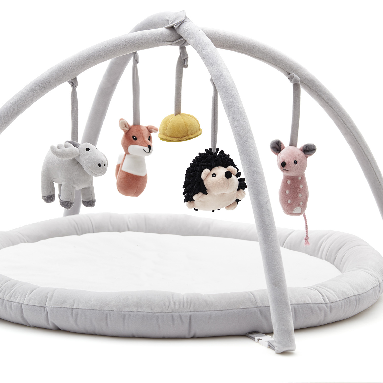 grey baby play gym with toy arches