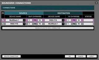 Fig. 4: The SoundGrid Connections window. MultiRack and the Yamaha WSG-Y16 interface are both set as sources and destinations, enabling bi-directional audio routing. 