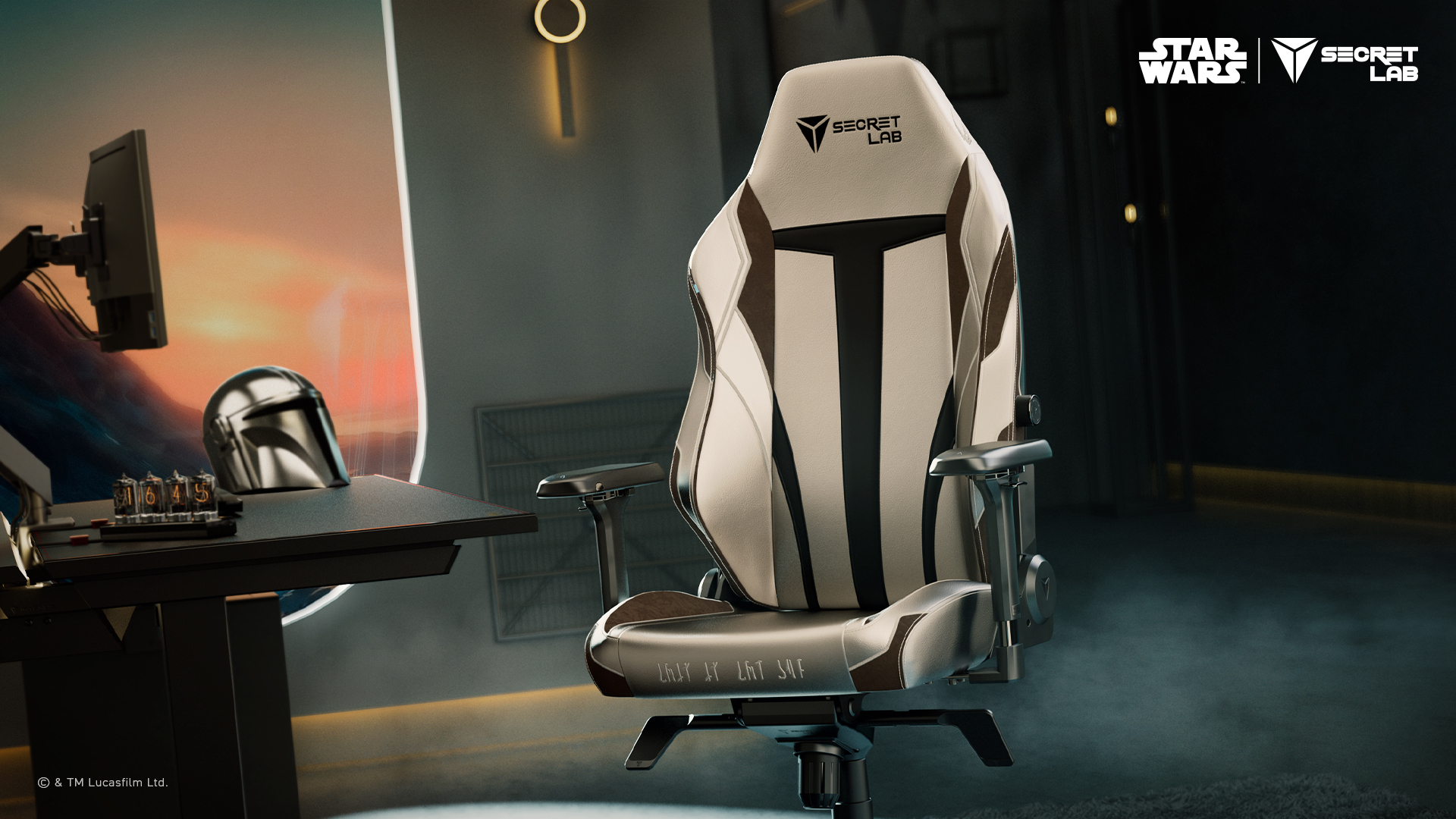 The new Secretlab Mandalorian themed chair in a Star Wars inspired workspace.