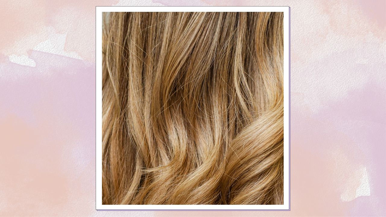 A close up of the back of a woman&#039;s balayaged hair, featuring a brunette to blonde gradient/ in a peach and purple watercolour paint-style template 