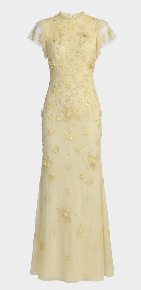 Mac Duggal, Flutter-Sleeve Beaded Applique Gown