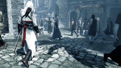 Assassin's Creed screenshot of Altair walking through a crowded street