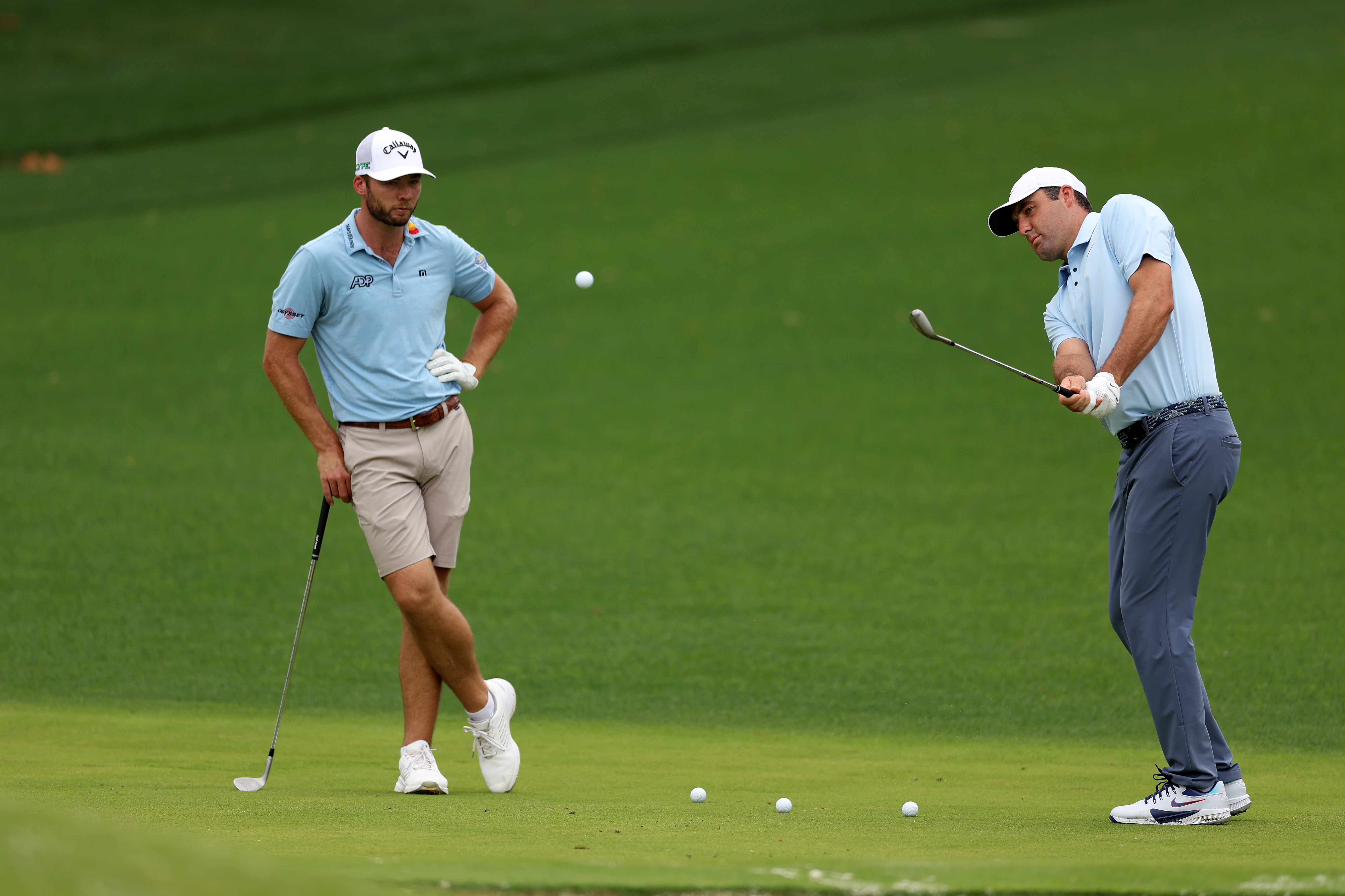 Sam Burns and Scottie Scheffler practice together at the 2025 PGA Championship