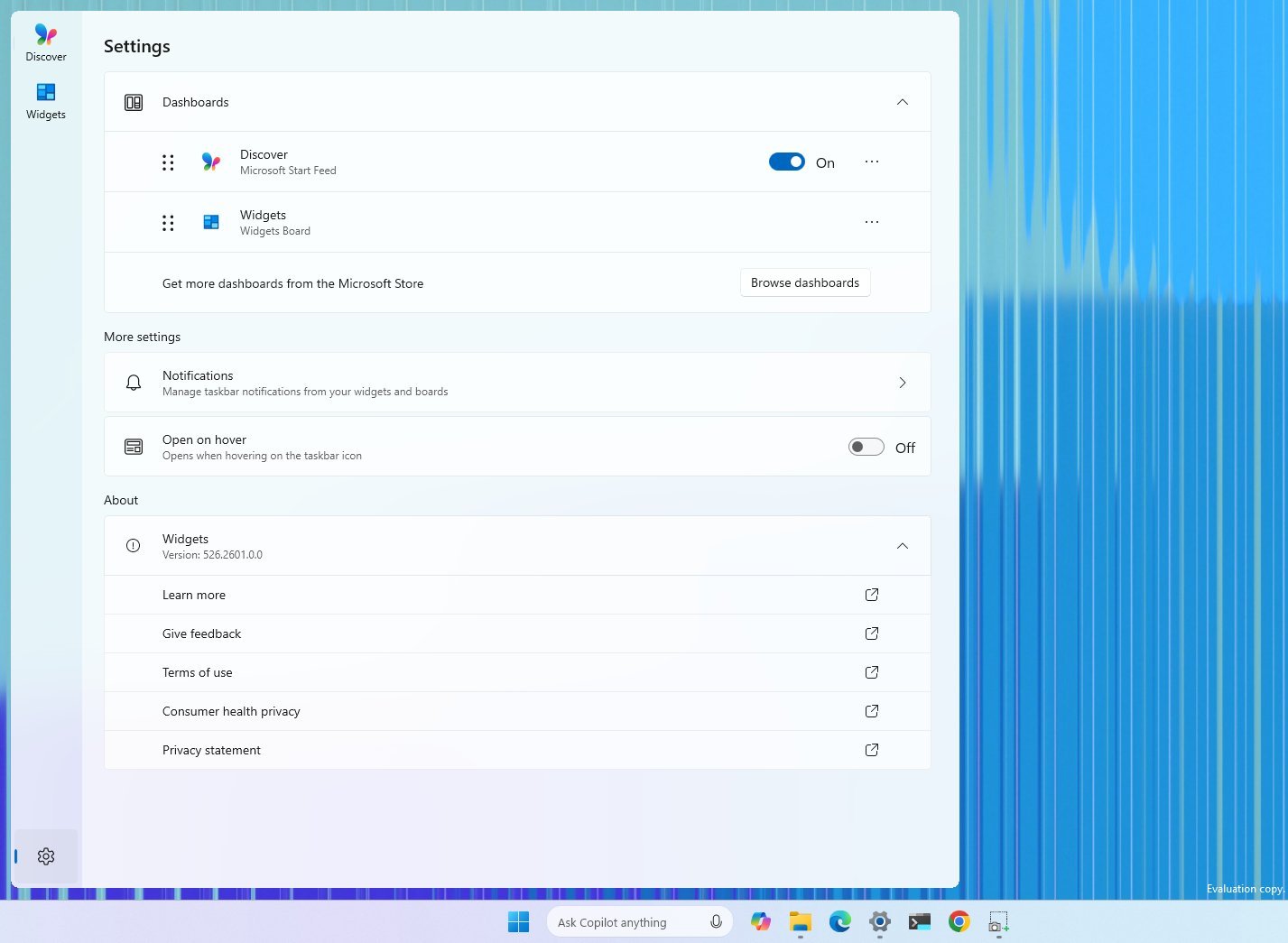 Widgets new settings page